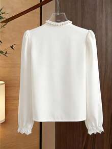 Franclia Women's Simple Blouse, Everyday Commuting Blouse, Round Neck, Long Sleeve Blouse, Pearl Lace Blouse, Elegant Women's Blouse - White - View 2