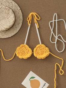 Swim Vcay Women's Summer Vacation Faux Pearl Decor Crochet Floral Halter Cover-Up - Yellow - View 9