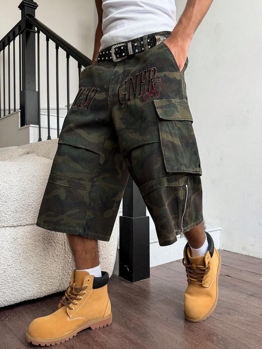 Manfinity EMRG 男士休闲街头风刺绣多口袋迷彩牛仔短裤 - 軍綠色 - 查看 1