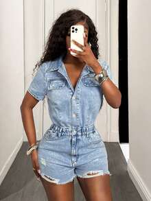 BamGleam 大码短袖牛仔连体裤，前扣设计，夏季新款 - 藍色 - 查看 1