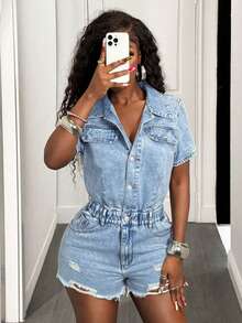 BamGleam 大码短袖牛仔连体裤，前扣设计，夏季新款 - 藍色 - 查看 5