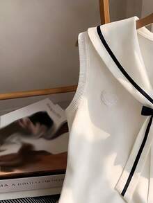 GlowEve Top de punto sin mangas con lazo en azul marino para mujer - Blanco - Ver 3