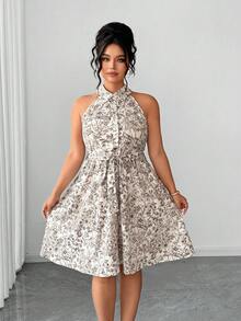 SHEIN Elenzya 大码女式梭织印花夏季连衣裙 - 杏色 - 查看 7