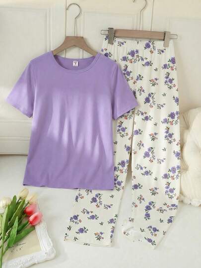 SHEIN 女童紫色圆领短袖上衣搭配紫色碎花优雅针织两件套家居服，舒适时尚