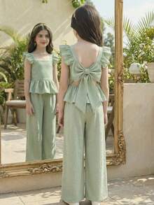 SHEIN 少女薄荷绿纹理面料蝴蝶结后背荷叶边衬衫和裤子两件套 - 薄荷綠 - 查看 13