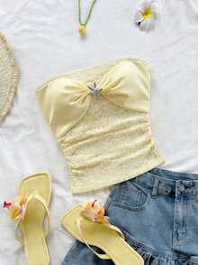 Sweetra Nuova maglietta a fascia senza maniche per donna, adatta per Capodanno, Ognissanti, Natale, Ringraziamento, eventi, pendolarismo, uso quotidiano, viaggi, estate. Con dettagli in pizzo, nodo attorcigliato, decorazioni metalliche, aderente, dolce, carina - Giallo - Visualizzare 3