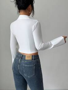 Modelyn White Long Sleeve V-Neck Mushroom Button Decor Sexy Fitted Blouse - White - View 3