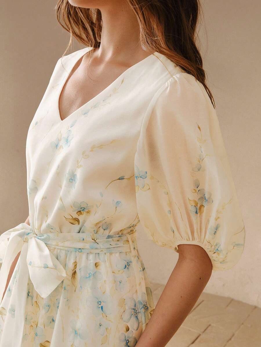 MOTF PREMIUM FLORAL PRINT PUFF SLEEVE DRESS - Apricot - View 1