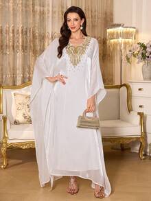 SHEIN Elenzya Women's Elegant Embellished Collar Solid Color Shiny Sequin Dress - White - View 6