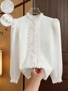 Franclia Women's Simple Blouse, Everyday Commuting Blouse, Round Neck, Long Sleeve Blouse, Pearl Lace Blouse, Elegant Women's Blouse - White - View 1