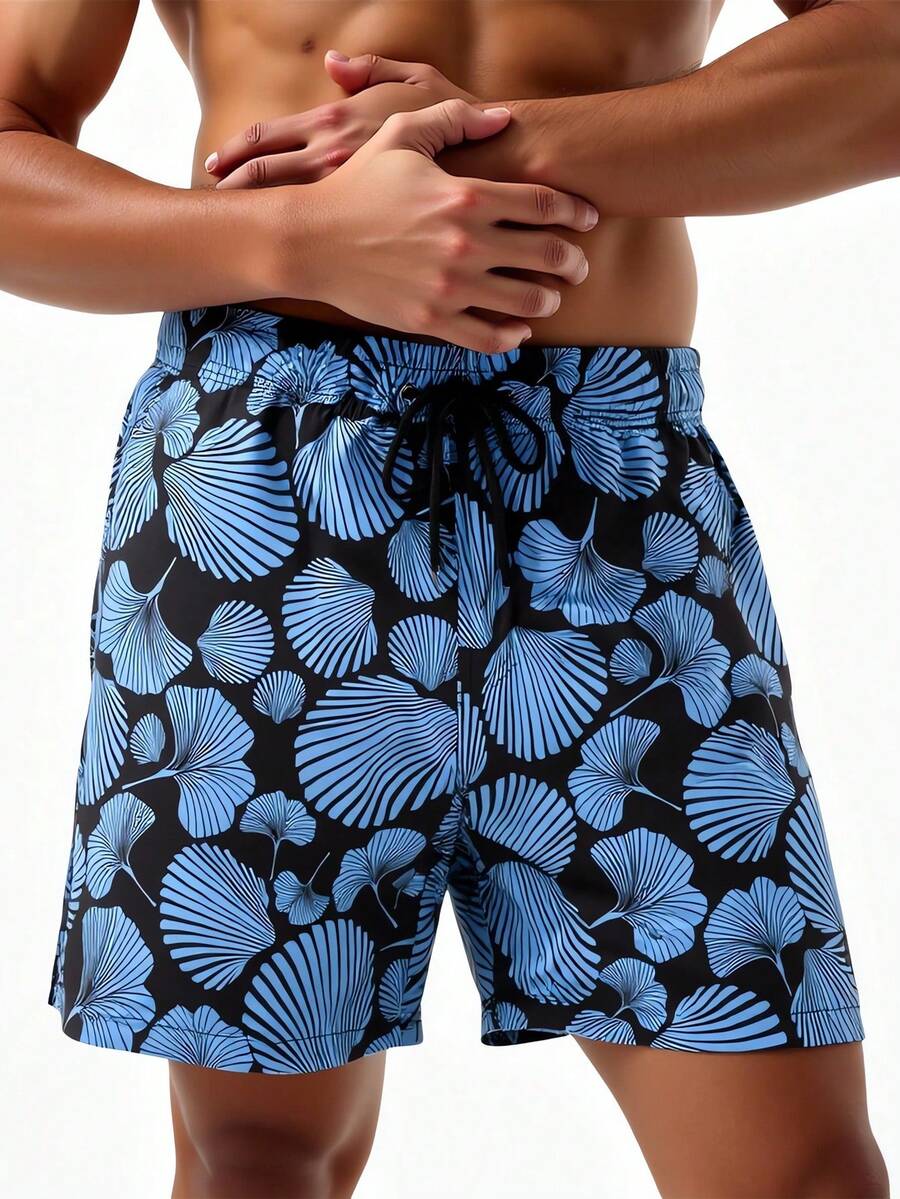 Horizaway Pantalones cortos casuales de playa con cintura con cordón y bolsillos en diagonal, estampado total para hombres - Negro - Ver 1