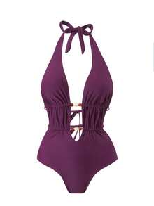 Bonvoyette 性感露背系带网纱连体泳衣，显瘦设计，热门单品，春夏款 - 中紫紅色 - 查看 8