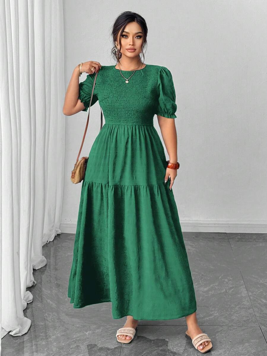 Elenzga 大码优雅休闲纯色泡泡袖荷叶边下摆连衣裙，适合日常通勤、办公、外出就餐、浪漫约会和度假，春夏新品上市 - 綠色 - 查看 1