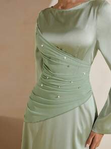 Graceveil Vestido elegante de estilo francés para mujer con cuello redondo, manga larga, volantes y decoración de rhinestones en color verde menta - Verde - Ver 2