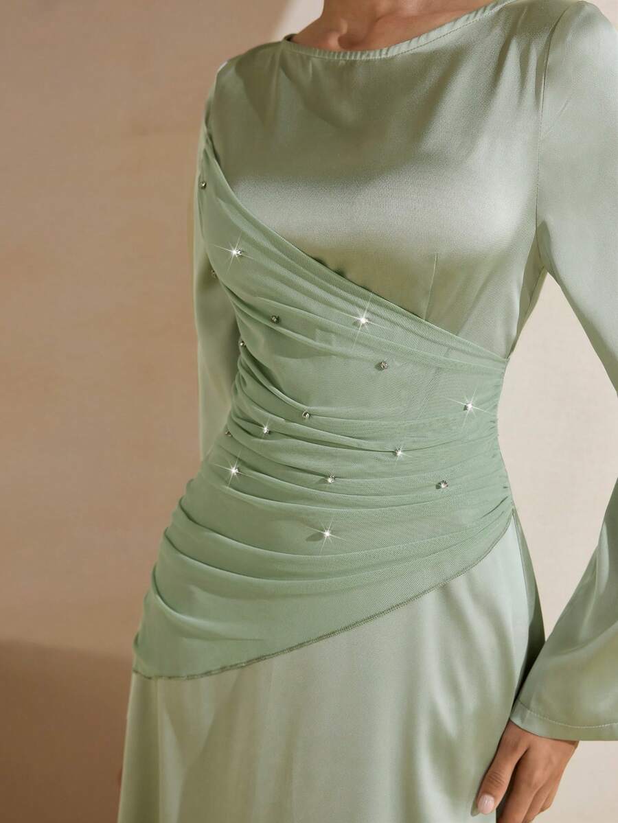 Graceveil Vestido elegante de estilo francés para mujer con cuello redondo, manga larga, volantes y decoración de rhinestones en color verde menta