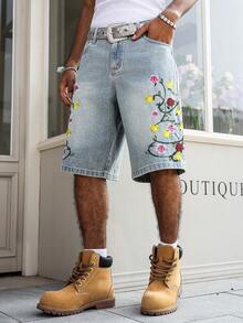 Manfinity EMRG Men's Casual Street Style Embroidered Blue Denim Shorts - Light Wash - View 4