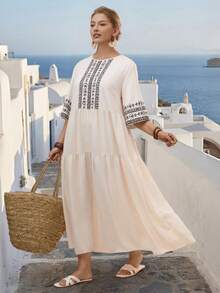 Parysyn 大码梭织休闲夏季女式连衣裙 - 杏色 - 查看 7