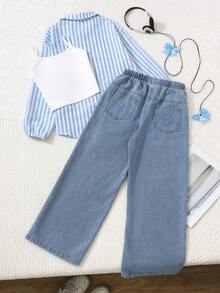 Sparklyn 2pcs/Set Big Girls' Spring/Autumn Striped Long Sleeve Shirt & Loose Light Blue Denim Jeans, Sweet Casual Outfit For Daily Wear - Blue - View 2