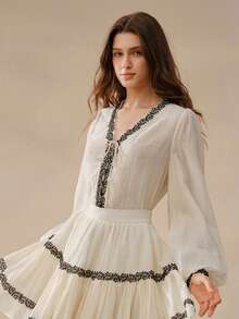 MOTF PREMIUM WOMEN'S V-NECK LONG SLEEVE LACE CONTRAST COLOR RAYON FABRIC FRENCH ELEGANT CHIC LIGHTWEIGHT SEXY BLOUSE, SPRING/SUMMER - Apricot - View 1