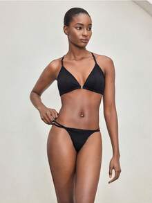 Ocili 100%纯棉，舒适简约，金属扣双侧绑带，适合搭配女士丁字裤 - 黑色 - 查看 2