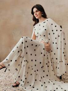 Anewsta Women's Long Polka Dot Flared Hem Dress, Versatile & Elegant Cocktail Gown - Beige - View 4