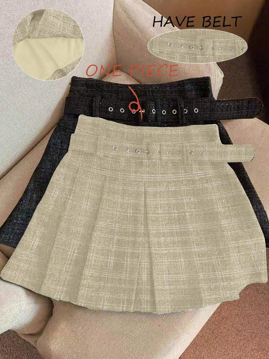 Franclia Fashionable High-Waisted Slimming A-Line Belted Pleated Skirt For Women, Autumn/Winter - Apricot - View 1