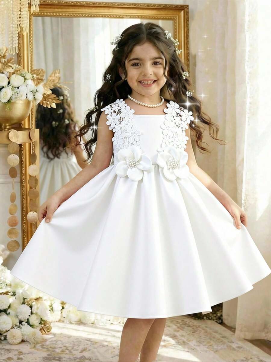 少女公主花童风格白色贴花优雅无袖连衣裙 - 白色 - 查看 1