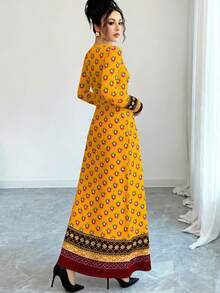 Al Najma 黄色碎花印花长袖A字连衣裙，收腰设计，时尚百搭，春夏款 - 彩色 - 查看 2