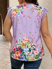 SHEIN Clasi 夏季大码女式印花蕾丝拼接荷叶袖衬衫，弧形下摆，V领设计 - 紫丁香色 - 查看 2