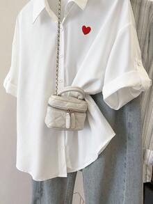 Resyla Women's Heart Embroidery Front Button Casual Versatile Roll-Up Sleeve Shirt - White - View 6