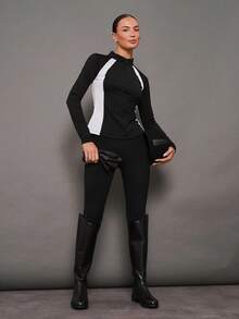 Activina Women's Casual Patchwork Stand Collar Long Sleeve Top, Versatile For Daily Wear And Equestrian - Black - View 3