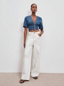 ATUI Studio 女士休闲V领水洗纽扣前开襟短款牛仔衬衫，夏季 - 藍色 - 查看 1