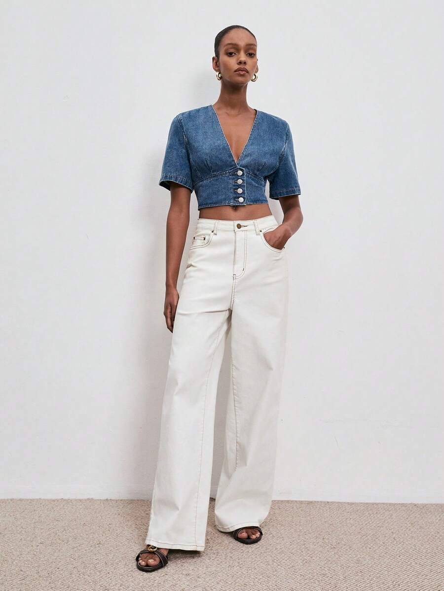 ATUI Studio 女士休闲V领水洗纽扣前开襟短款牛仔衬衫，夏季 - 藍色 - 查看 1