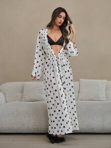 HautHeat Women's Polka Dot Print Drop Shoulder Long Sleeve Casual Robe - Black and White - View 1