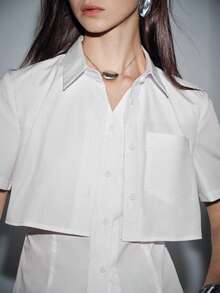 Lumivelle Women's Spring/Summer New Blouse Short Sleeve 2 In 1 Design Urban Chic Elegant White Shirt Collar Shirt Cropped Button Up - White - View 1