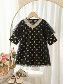 SHEIN فستان أنيق فاخر مع معطف طويل، مجموعة فستان طويل الأكمام من الشبك الأسود مع نقاط بولكا - متعدد الألوان - مشاهدة 4