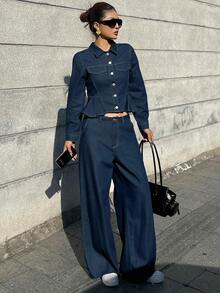 DAZY 女士休闲水洗牛仔上衣和裤子套装 - 藍色 - 查看 8