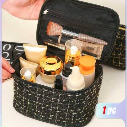 Plaid Large Capacity Makeup Bag,1Pc Black Gold Silk Fragrance Cosmetic Bag Large Capacity Storage Bag Casual Bag, Makeup Pouch Skincare Bag Toiletry Bag Packing Cubes,Travel Essentials Cruise Essentials Dorm Essentials Christmas For Holiday Gift Giving,Boho Vibes