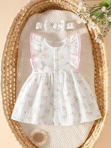 SHEIN 1pc Infant Summer Clothes, Ditsy Floral Cap Sleeve + Bow Headband, Sweet Princess Style Open Front Dress - White - View 3