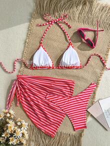 Swim Mod 3pcs/Set Striped Print Spaghetti Strap Backless Beachwear Bikini Set - Pink - View 2