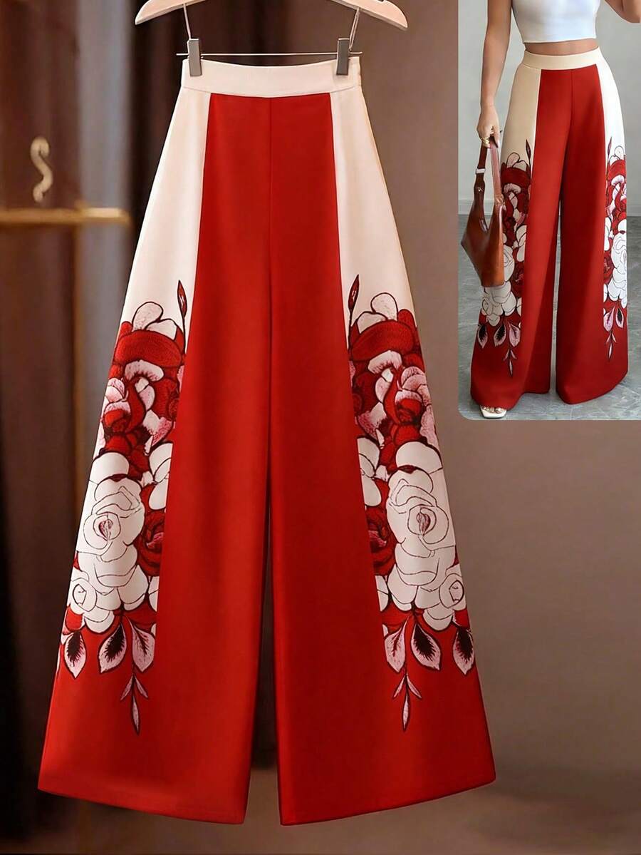 GlowEve Quần ống rộng dáng suông màu đỏ cao cấp dành cho nữ, chất liệu co giãn 4 chiều, in kỹ thuật số, vải họa tiết cháy, cạp chun, thanh lịch và sang trọng, thích hợp làm quà sinh nhật, hẹn hò, dự tiệc, sự kiện trang trọng, tiệc cocktail, lễ hội âm nhạc, Ngày Valentine, Lễ Phục Sinh, Ngày động, tiệc tựu trường, tiệc độc thân, trang phục ngày lễ, quần xuân hè, một món đồ thời trang thiết yếu mới cho mùa xuân hè. - Nhiều màu - Xem 1