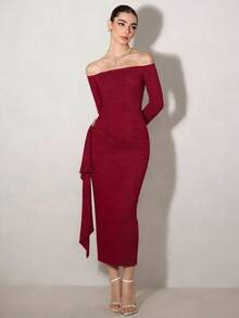 Modelyn Women's Elegant Solid Color Off-Shoulder Mid-Length Dress - Red - View 3