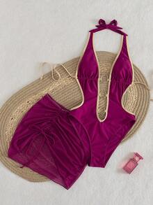 Swim Vcay Summer Vacation Sexy Fashion Tie-Dye Hollow Deep V-Neck One-Piece Swimsuit And Detachable Drawstring Mesh Cover-Up Skirt 2-Piece Swimsuit Set - Multicolor - View 4