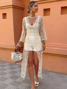 Selianne Women Lace Long Flowy Kimono Cardigan Boho Style Beach Open Cover Ups - Apricot - View 6