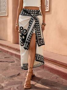 Selianne Women's Elegant, Fashionable, Comfortable, Charming Retro Minimalist High-End Romantic Holiday Wrap-Style Bodycon Printed Asymmetric Bow-Tie Skirt - Apricot - View 4