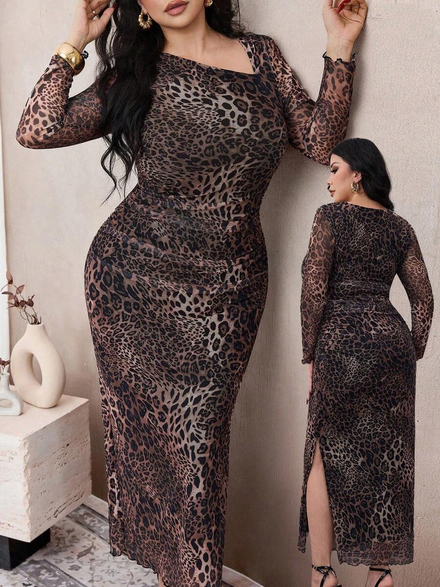 Modelyn Vestido elegante con cuello asimétrico con volantes de malla con estampado de leopardo, adecuado para salidas y citas, talla grande