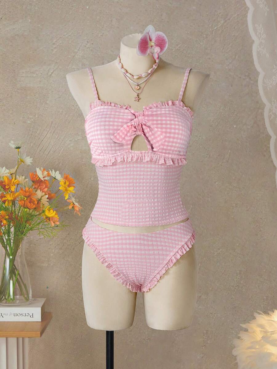 Swim Mod Dam baddräkt med rutigt tryck, volangkant och topp med trekantsunderdelar, tankini - Svart - Visa 1