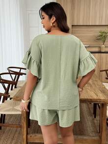 Weeklong Plus Size Women Spring/Summer Round Neck Ruffle Sleeve Casual Shorts Set - Green - View 2
