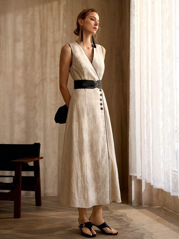 LINEN SLEEVELESS CONTRAST TRIM MID-LENGTH BELTED DRESS, OLD MONEY VINTAGE STYLE, SPRING/SUMMER