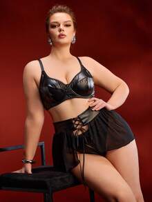 SHEIN 3pcs Women Black PU Leather & Mesh Patchwork Lingerie Set: Bra, Waist Cincher, Panty - Black - View 1